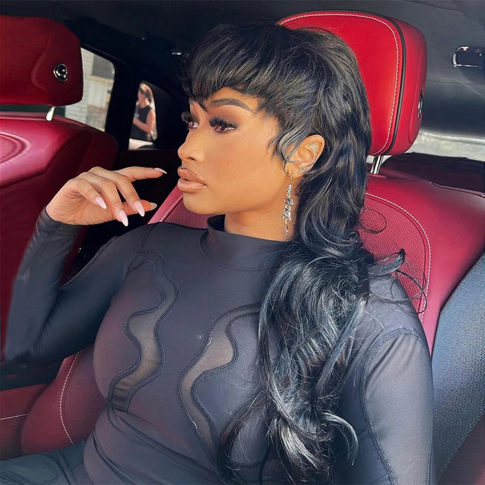 Black Mullet Human Hair Mullet Wig For Black Women Full Machine Made Wigs Brazilian Virgin Hair Wig With Bangs Easy to Wear Wigs