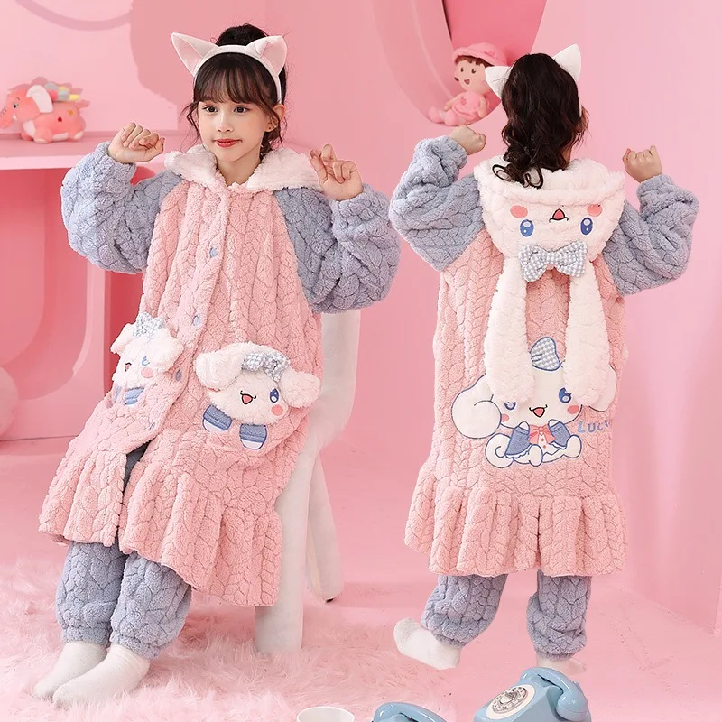 

New Sanrio Anime Hello Kitty Children's Plush Pajamas Robe Warm Thicken Cartoon Home Wear Boys Girls Winter Matching Pajama Sets