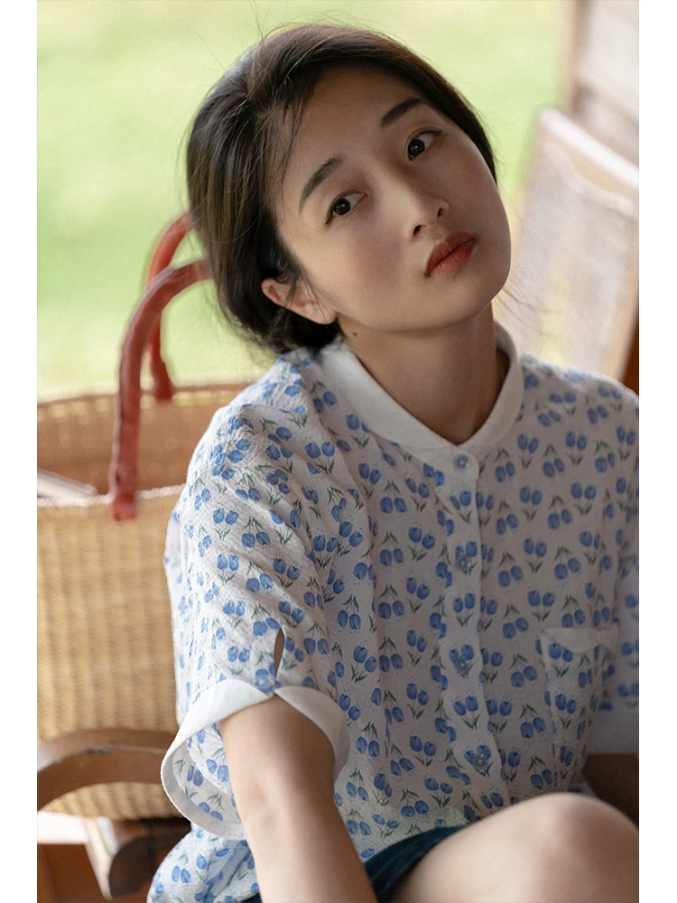 

Синяя хлопковая рубашка с воротником Питер Пэн и цветочным принтом, весенне-летняя, дышащая, свободного кроя, женская повседневная рубашка из чистого хлопка