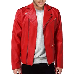 New Men Solid Color Imitation Leather Jacket Black / Red Fashion Male Oblique Zipper Biker Coats