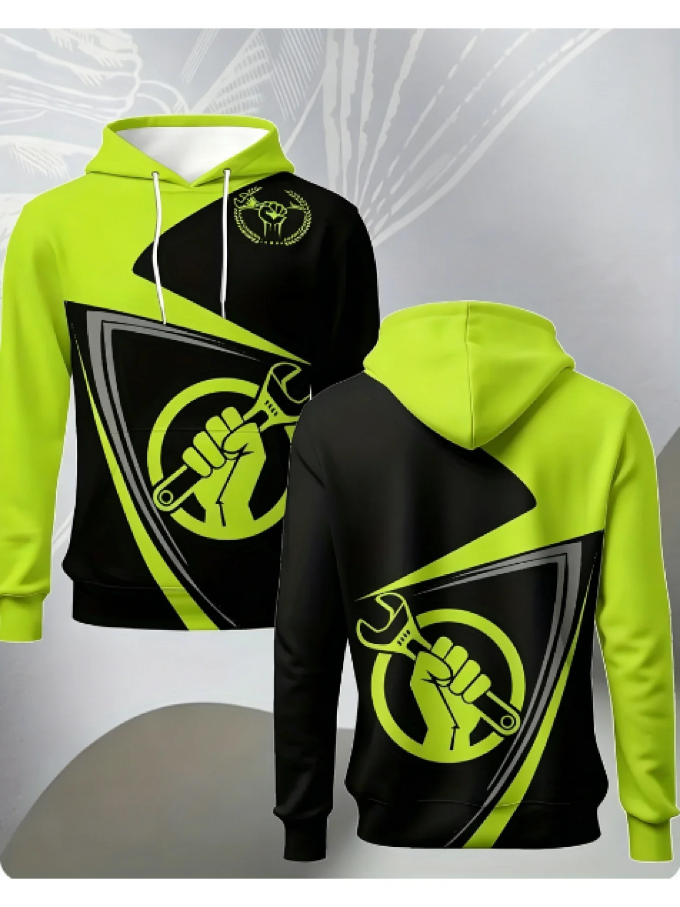 Men's mechanic themed hoodie, color blocking splicing design, professional sewing process, regular fit pullover hoodie