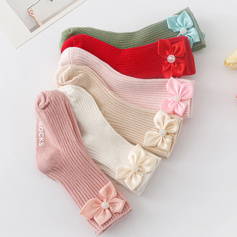 Suefunskry Baby Girl Floor Socks Sweet Pearl Bowknot Non Slip Toddler Walking Socks with Grips Crew Socks for Kids Infant