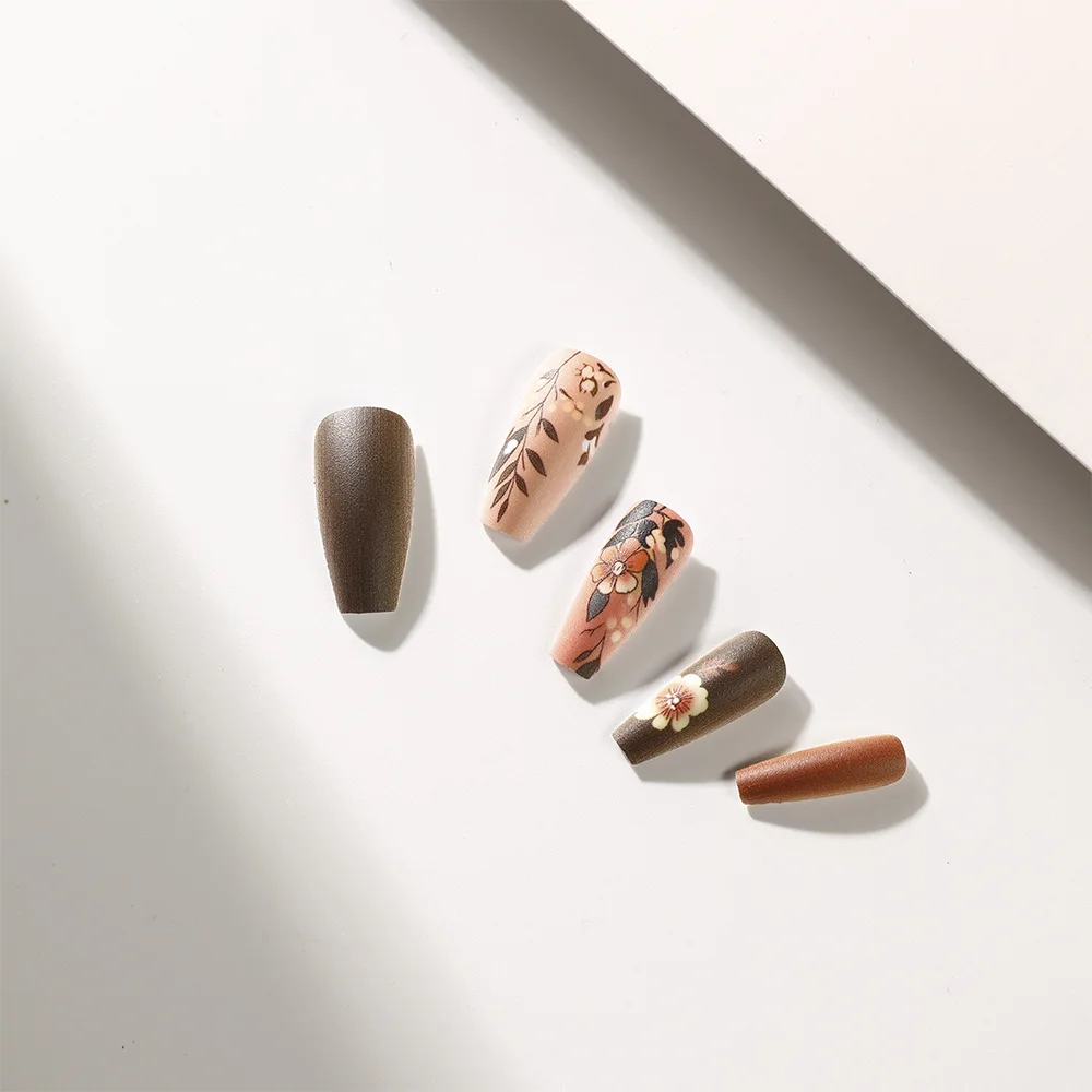 Medium fake nails for women coffee brown colors nail tips with flowers design ballet shape full cover reusable press on nails