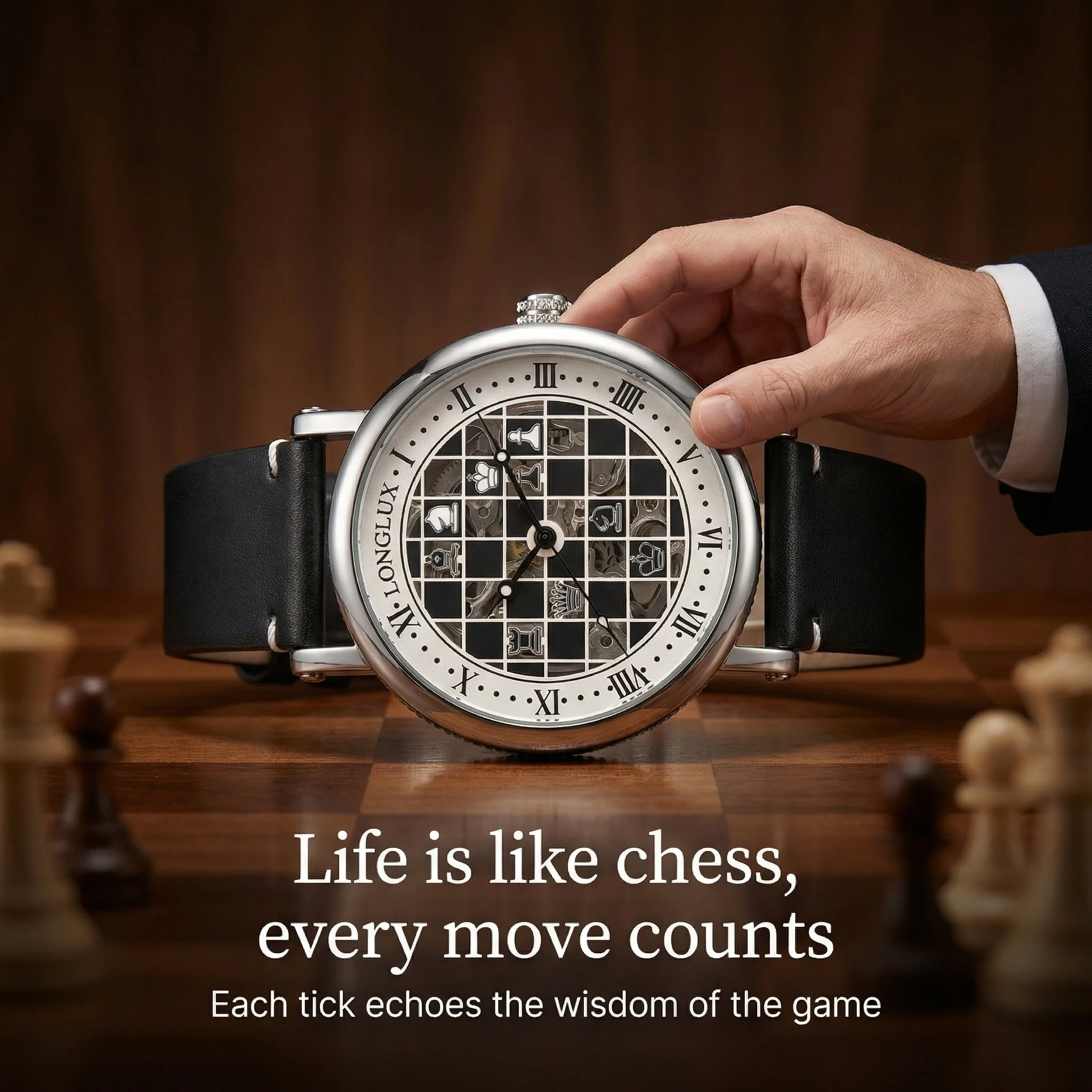 Men Automatic Watch Chess Checkerboard Mechanical Watches Waterproof Vintage Business Luminous Skeleton Leather Gift for You