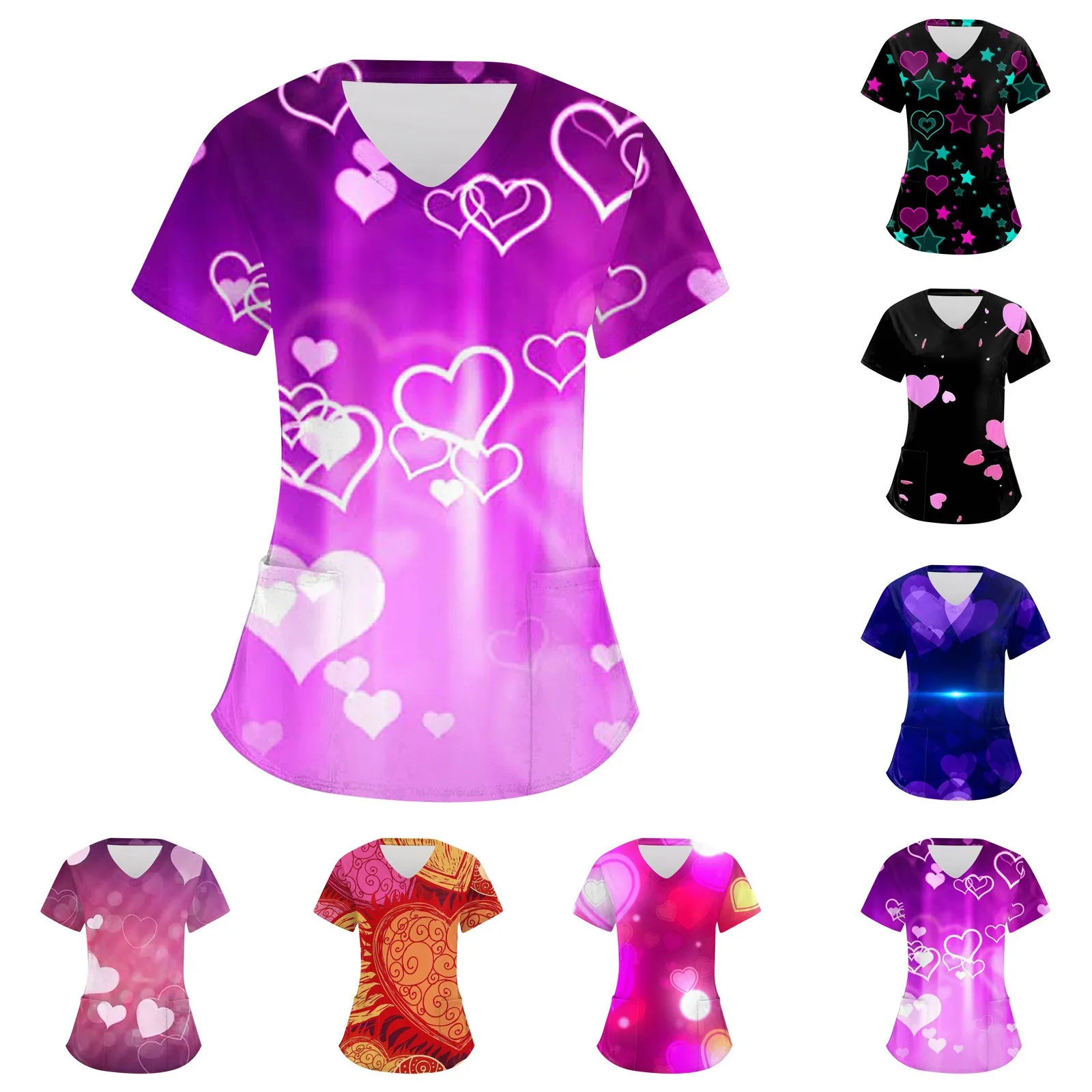 Women Heart Love Print Medical Scrubs Working Short Sleeve Uniform Blouse Scrubs Nursing Working Valentine Day Nurse Uniform