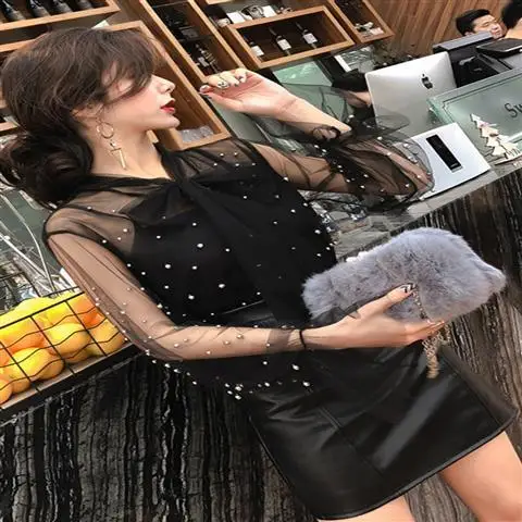 2024 Autumn New Korean Version Socialite Careful Machine Sexy Perspective Bow Versatile Nail Bead Mesh Top for Women