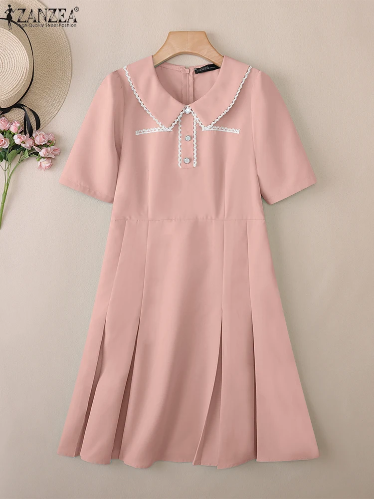 ZANZEA Elegante Spitze Trim Patchwork A-Line Kleid Frauen Peter-Pan Kragen Kurzarm Invertiert Falten Roben Femme Koreanische Mode