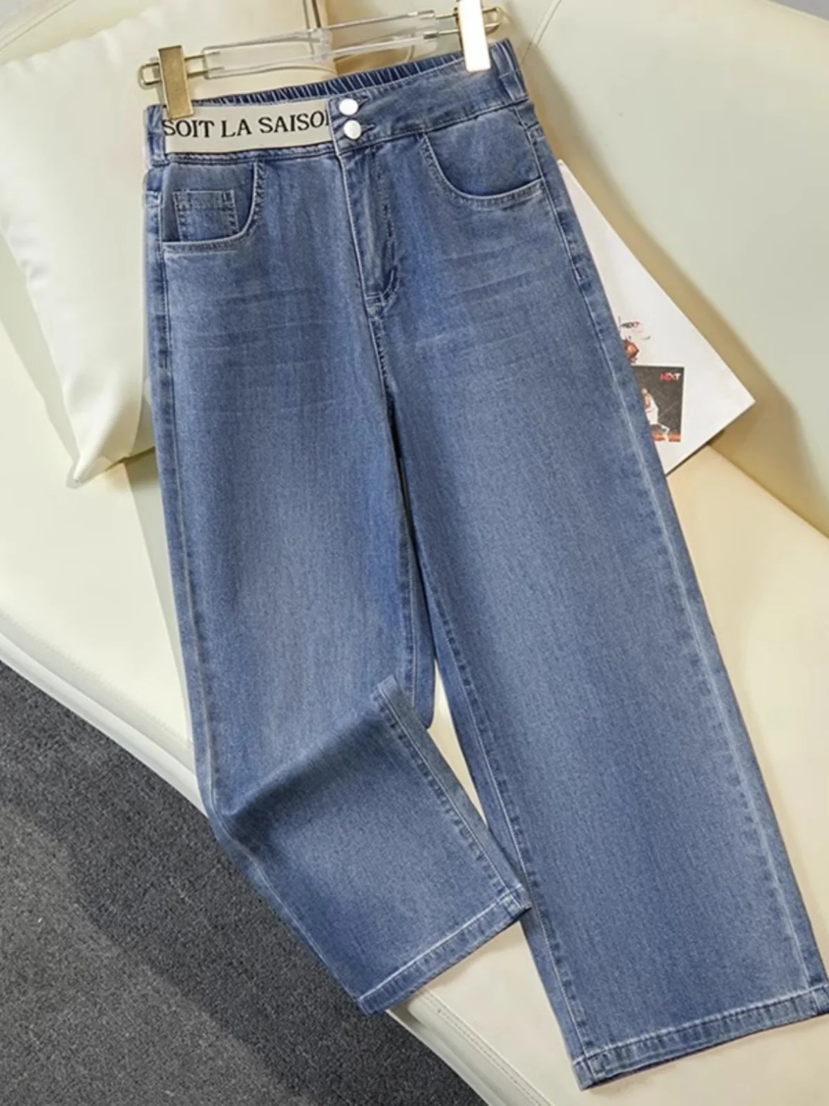 

Широкие джинсовые джинсы с высокой талией, женские летние тонкие новые прямые брюки из ледяного шелка с девятью точками, материал глубокого цвета