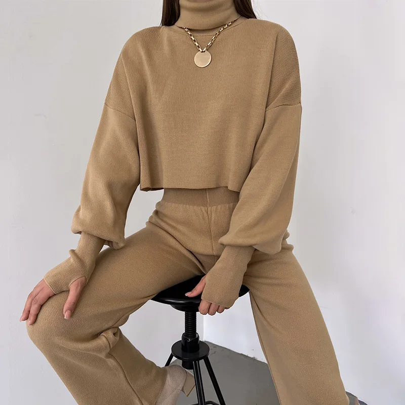 Knitted Set Women Elegant Ladies Turtleneck Pullover Long Pants 2 Piece Suit Female Winter Knit Casual Warm Sweater Outfits