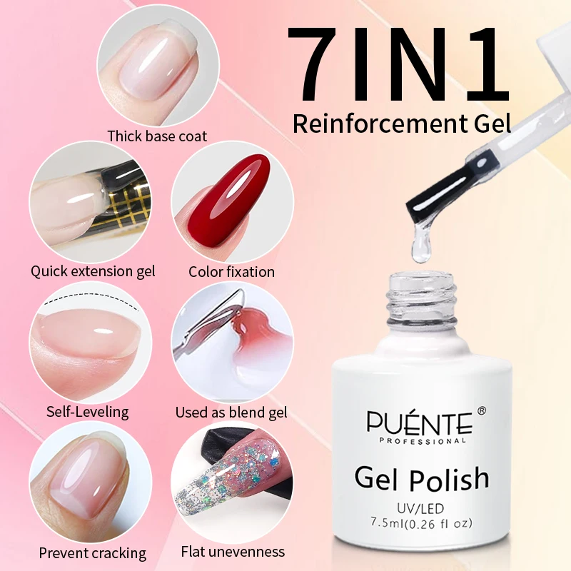 PUENTE 7-IN-1 Reinforcement Gel Nail Polish Base Coat Quick Extension Self-Leveling Soak Off Semi-Permanent UV Nail Art Varnish