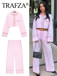 TRAFZA Women Fashion Pink Patchwork Blouse Suit Long Sleeve Cropped Shirts High Waist Wide Leg Pants 2024 Female Streetwear Sets