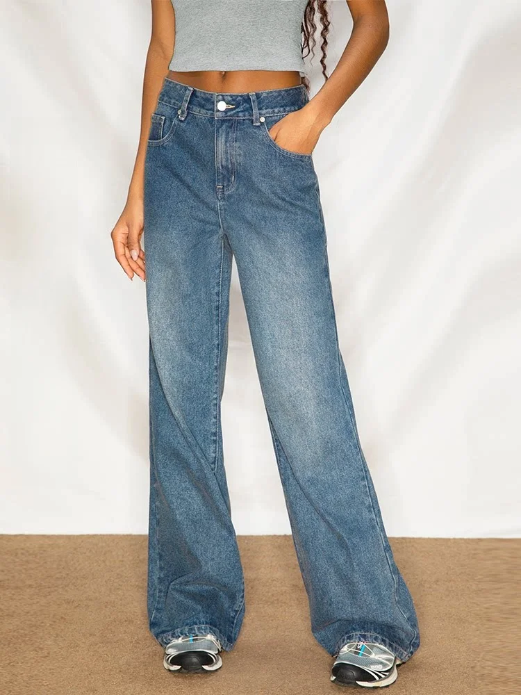 

ABMY Women's Casual Wide Leg Jeans Loose Fit Straight Washed Denim Pants Versatile Long Trousers Comfortable Natural Waist