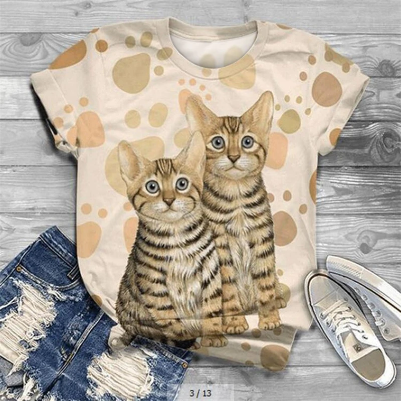 2023 Fashion Women\'s T-Shirts Animal 3D Print Tops Short Sleeve T Shirt Summer Kawaii Cat Graphic Tees Loose Oversized Clothing