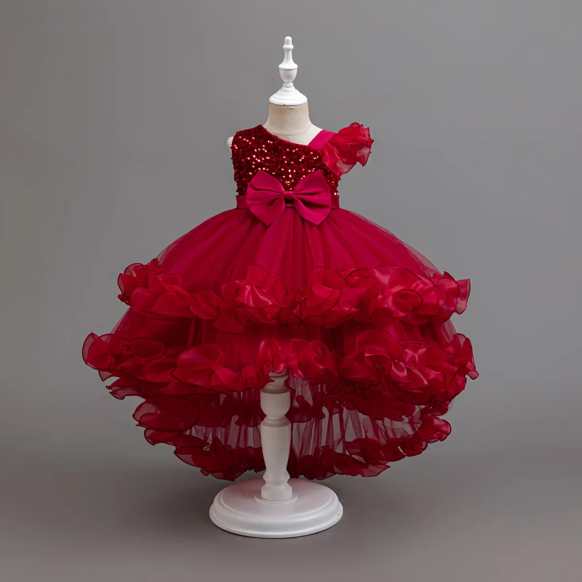 

Kid One Shoulder Sequin Embellished Dress Ruffled Asymmetric Tiered Tulle Children Skirt Layered Petal Hem Party Gown for Girl