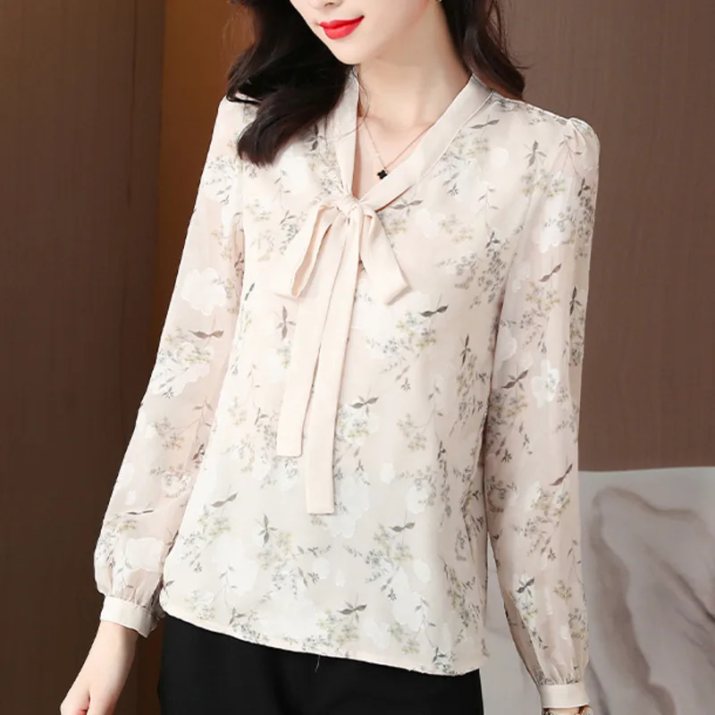 #2527 Flower Printed Chiffon Blouse Women Bow Collar Vintage Blouses Ladies Long Sleeve Office Retro Womens Blouses And Tops