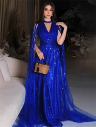 Exquisite Beaded A Line Long Evening Dress With Cape Sleeves Royal Blue Sweep Train V Neck Luxury Prom Dresses Maxi Party Gown