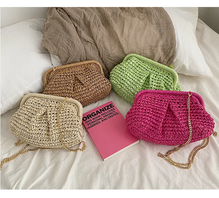 Raffia Crochet straw clutch bag women handmade summer beach woven handbag  khaki natrual green rose 2023 new