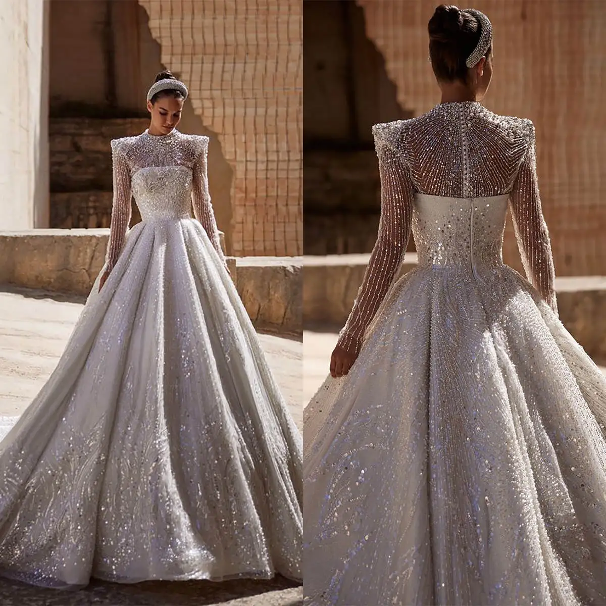 ภาพลวงตา A-Line ชุดแต่งงานคอคริสตัลไข่มุกแขนยาวชุดเจ้าสาว Vestido de novia CUSTOM Made