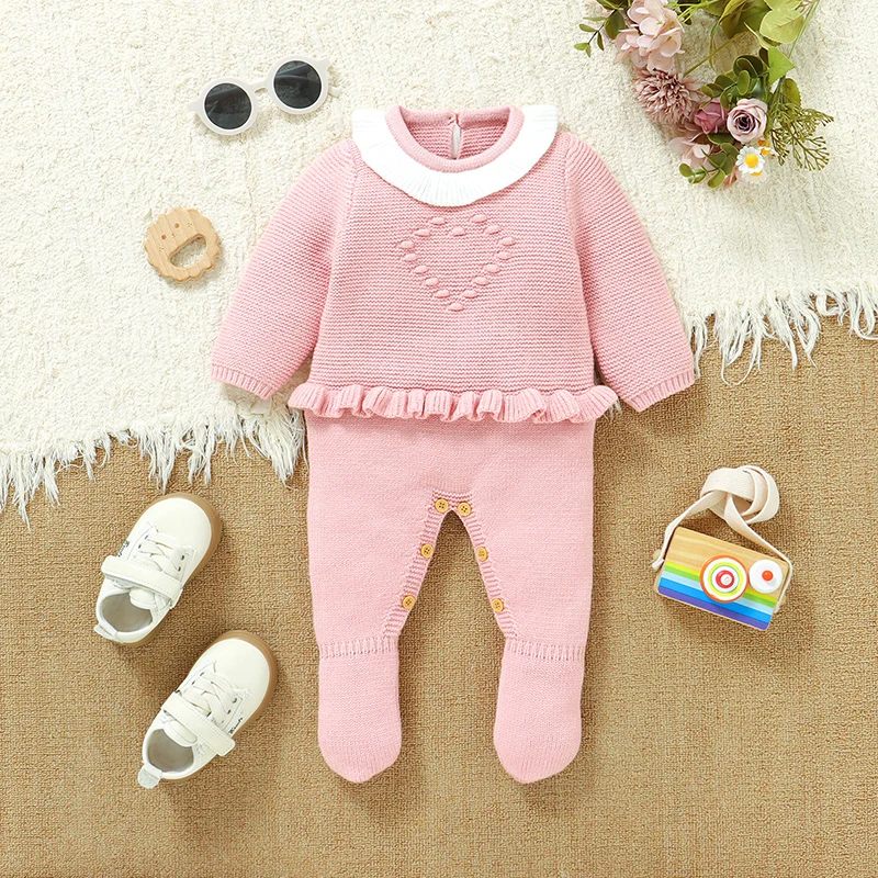 

Newborn Baby Romper Knitted Girl Pink Jumpsuit Long Sleeve Infant Kid Clothes Fashion Solid Ruffles Fall Overalls 0-12M Playsuit