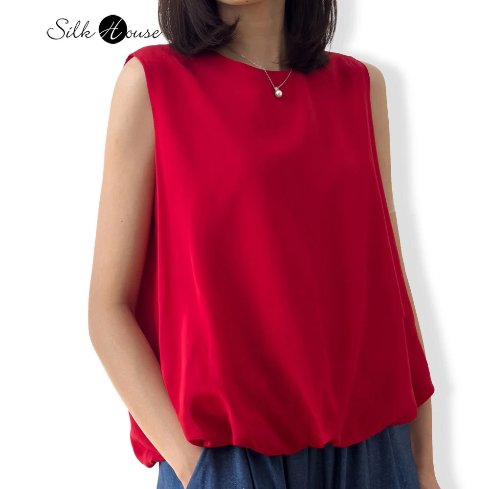

Women's Casual Summer Clothing 100% Natural Mulberry Silk Double Crepe Cocoon Shaped Red Round Neck Sleeveless Hem Elastic Vest