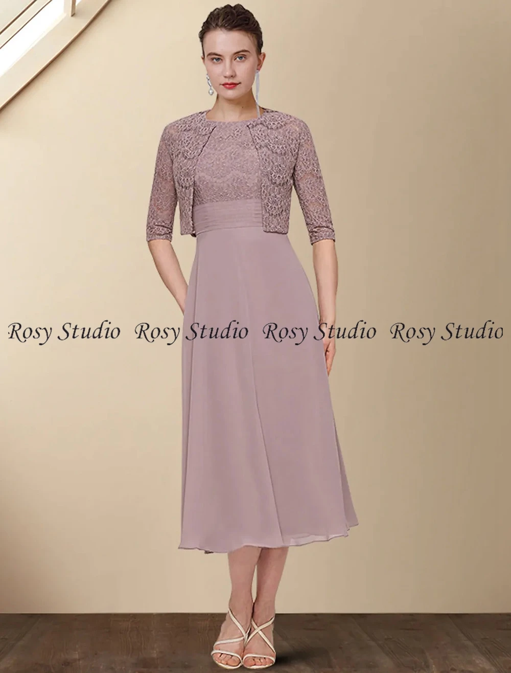 Two Piece A-Line Mother of the Bride Dress with Wrap Jewel Neck Tea Length Chiffon Lace Short Sleeve with Ruched  2024