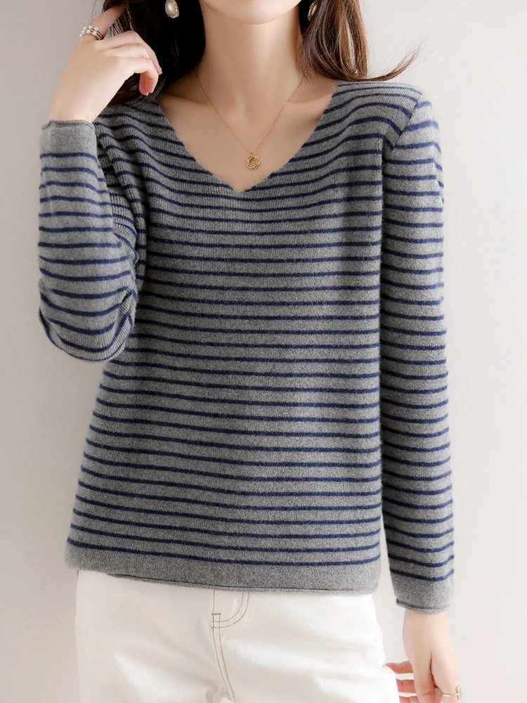 CAIXINGLE New Striped V-neck Sweater Women\'s All-Match Loose Sweater Fall Winter Fashion Bottoming Shirt Inner Wear Blouse