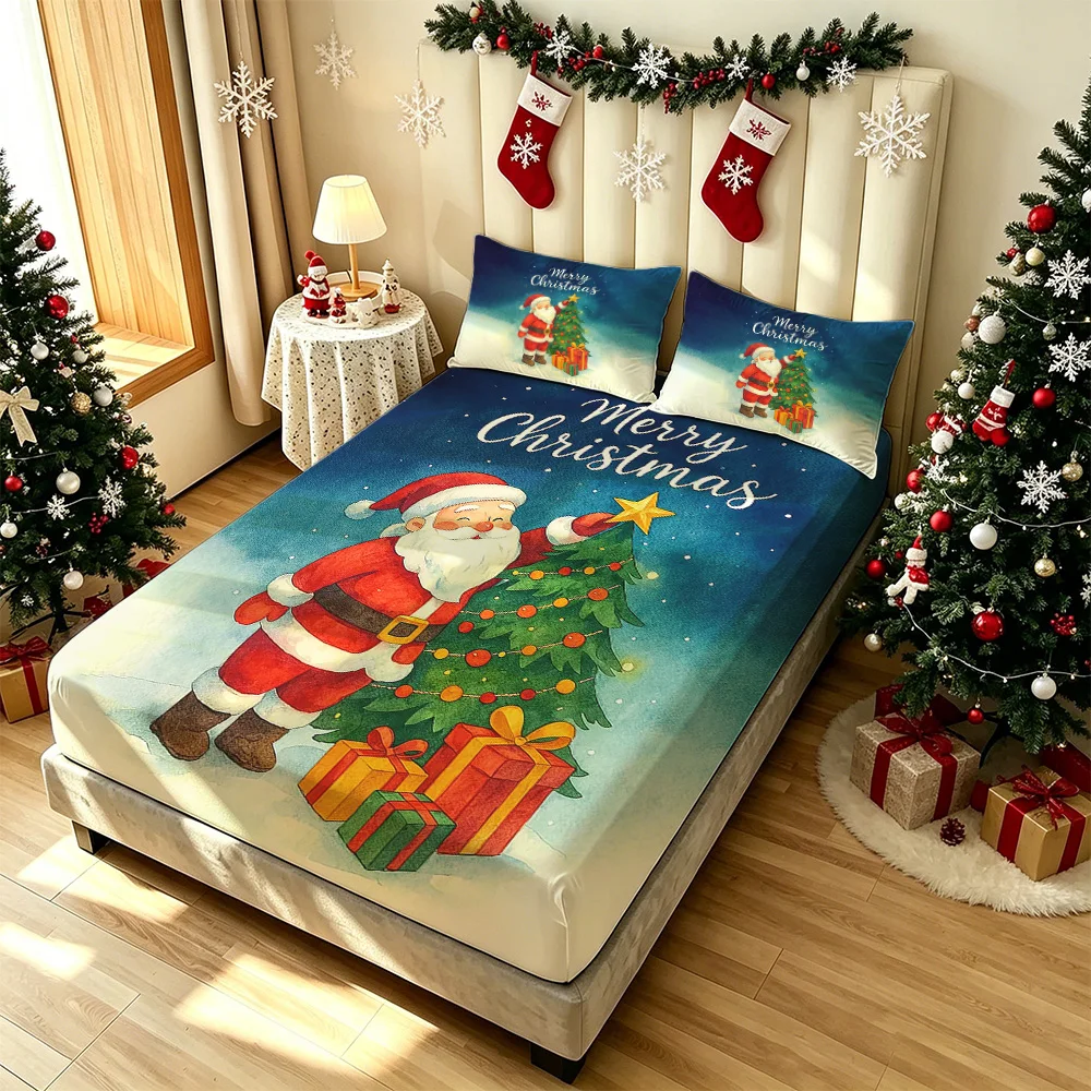 3Pcs Cartoon Santa Xmas Tree Merry Christmas Print Bedding Set Without Insert 1 Duvet Cover 2 Pillowcases Soft Light Fabric X
