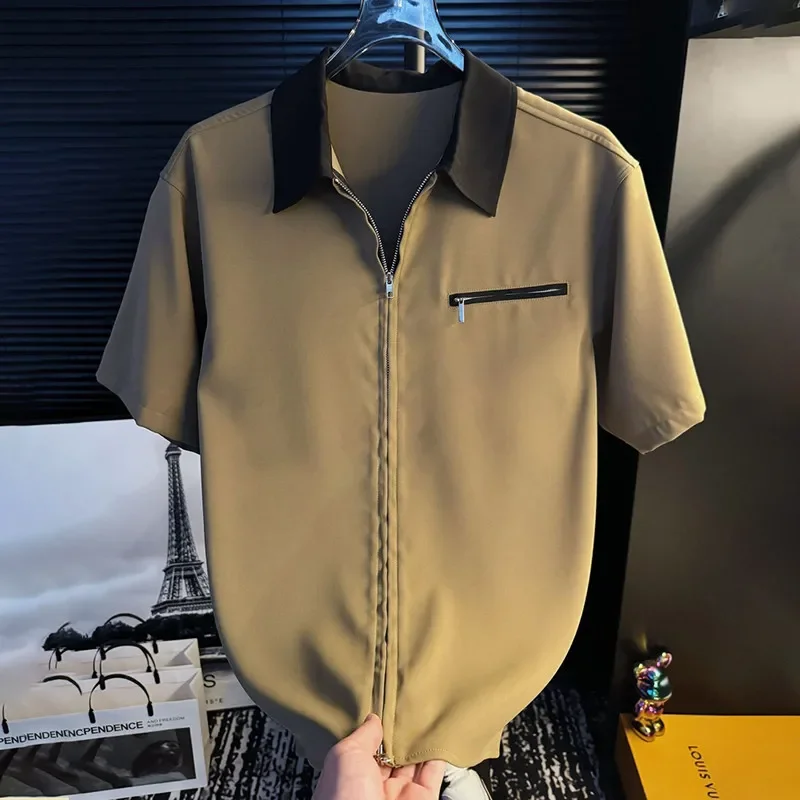 Spring Summer Men's Contrast Collar Full Zip Shirt Short Sleeve Casual Loose Zipper Pocket Tops Breathable Lightweight Blouse