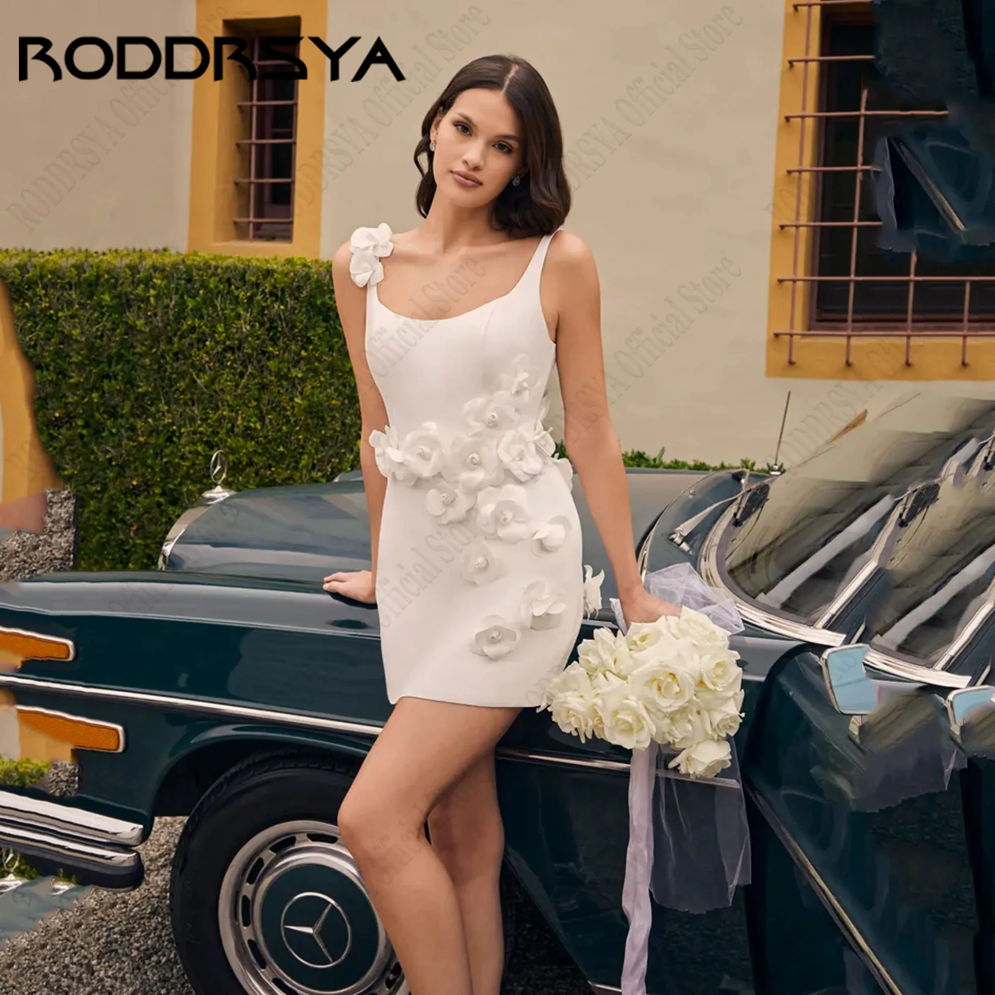 

RODDRSYA Mini A-Line Wedding Dress Square Neck Spaghetti Straps 3D Flower Classic Vestido De Novia Backless Bridal Party Gown