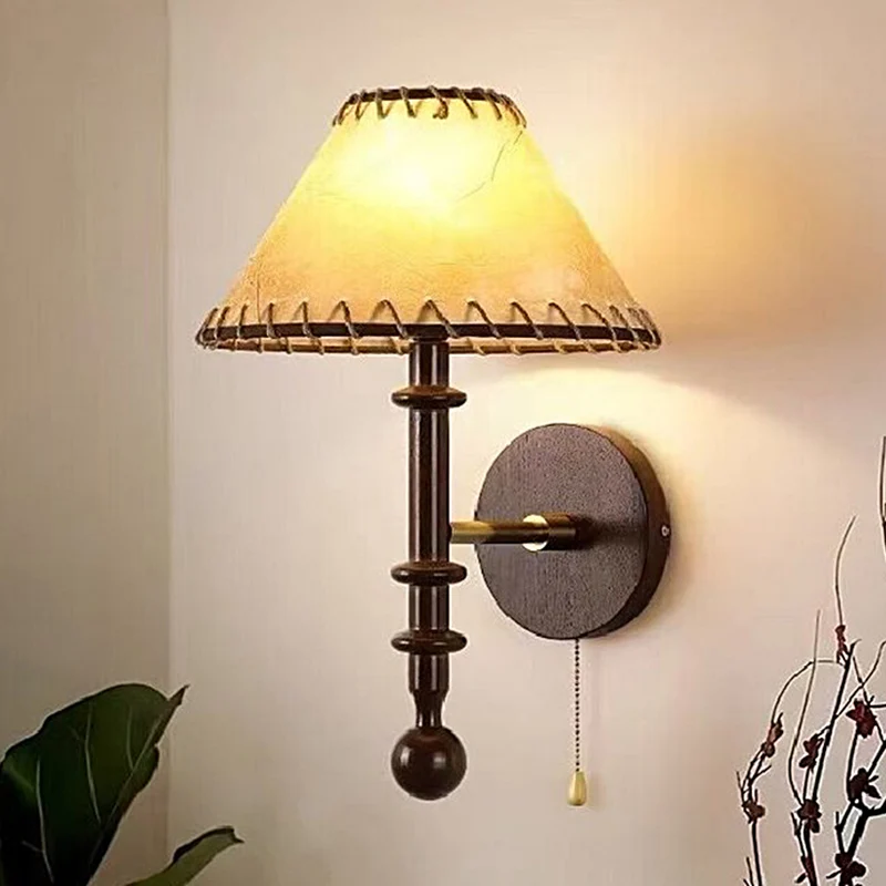 

Nordic Bedroom Bedside Medieval Solid Wood Fabric Wall Lamp Living Room Background Study Retro Nostalgic Trendy Lighting