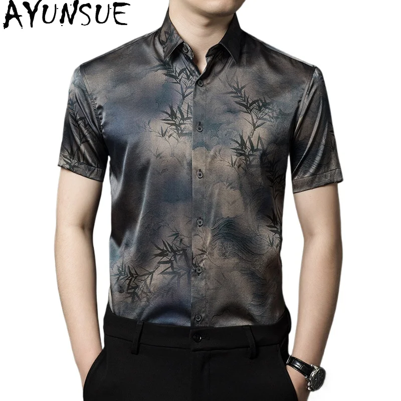 

AYUNSUE 92% Mulberry Silk Mens Shirts One Piece Shirt Mens Shirts Short Sleeves Summer Men Clothing Chemise Ete 2024 Homme