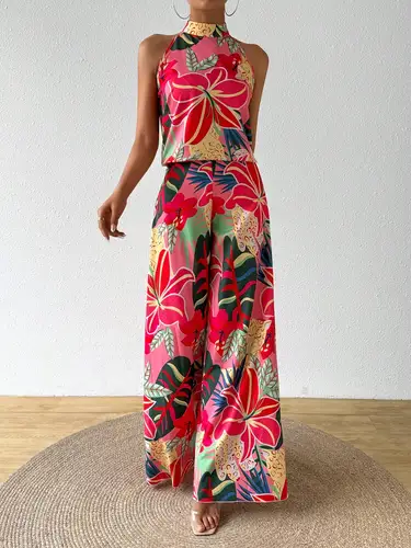 Imagen 2 del producto Conjuntos de señora para mujer Halter rosa sin espalda Floral sin plantas conjuntos cortos conjunto de dos piezas para mujer más vendido