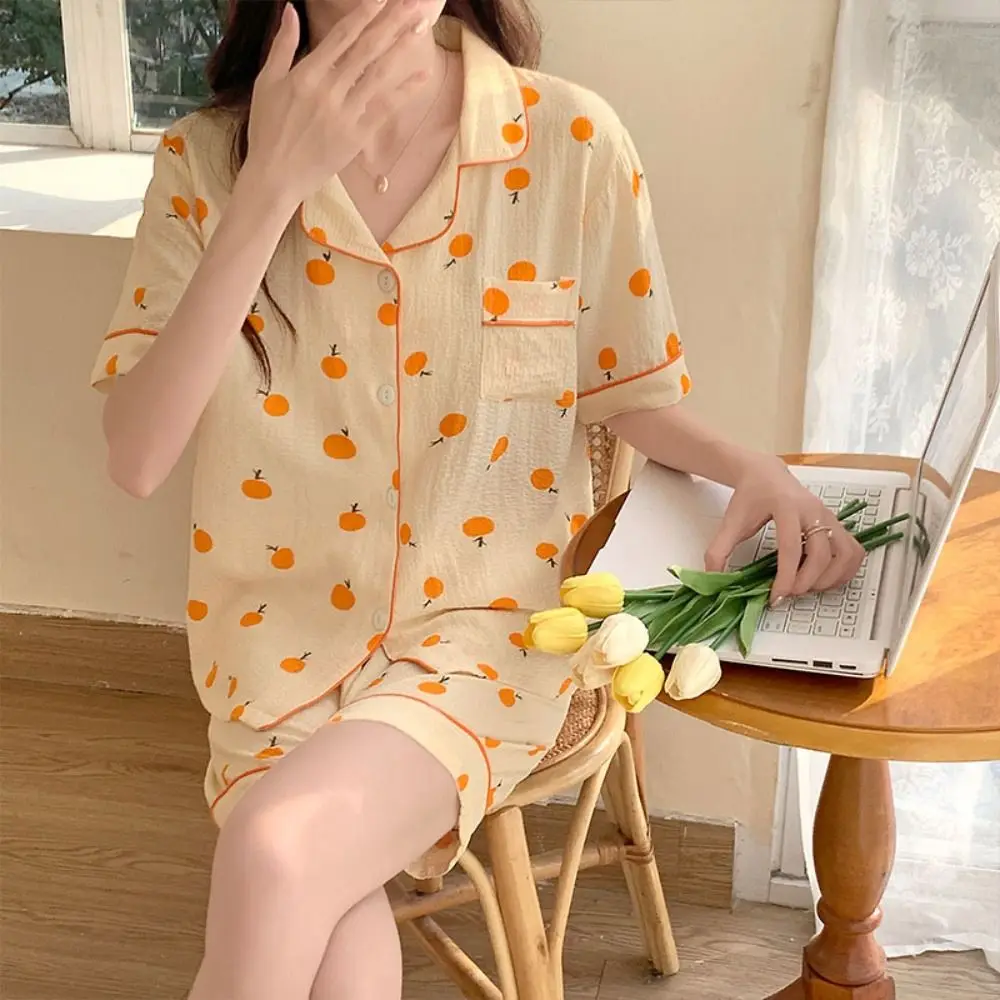 

Comfortable V-neck Fruits Pajamas Suit Sweet Loose Two Piece Nightwear Homewear Short-sleeves Women Short Sleepwear Girl