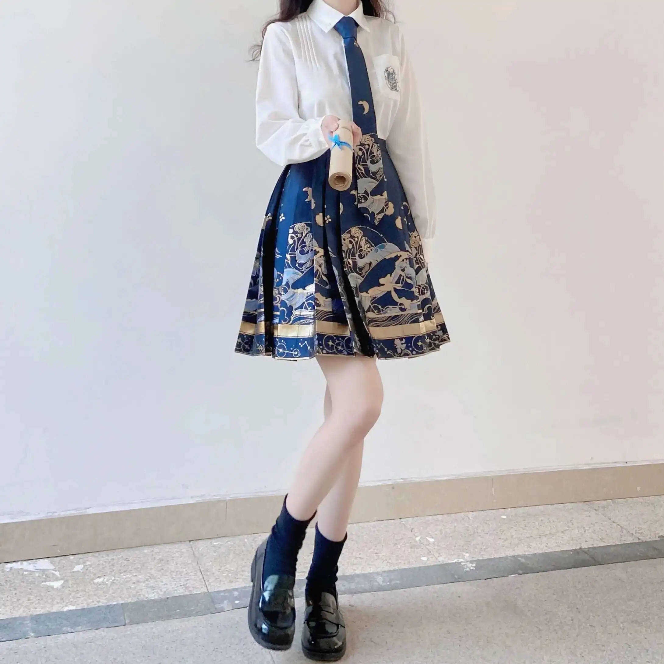 Chinese Traditional Hanfu Clothing Vintage JK Suit Printing Folk Dance Skirt Gold Stamping Improved Hanfu Horse Face Short Skirt