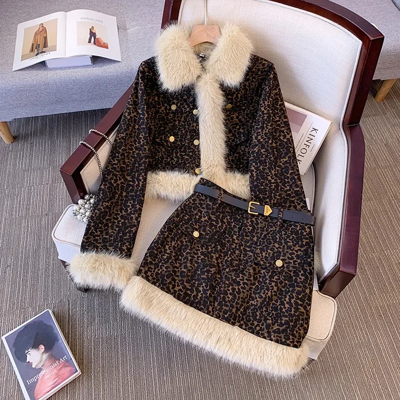 Vintage Denim Cotton-Padded Jacket with Leopard Print Fur Collar + Autumn and Winter Skirt Two-Piece Set for Women Female Lady