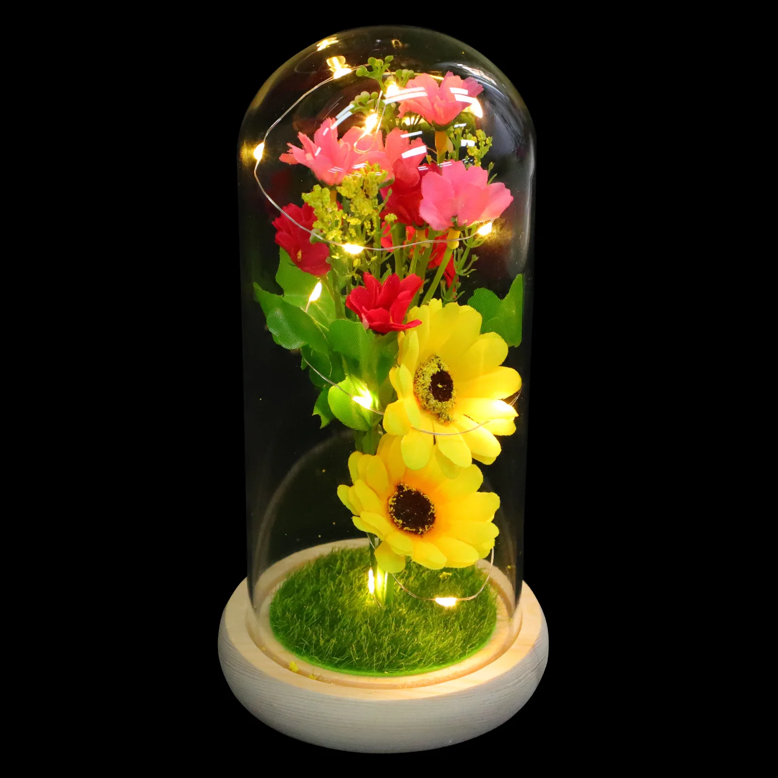 1Pcs LED Night Light Decorative Glowing Artificial Flower in Glass Cover Exquisite Desktop Ornament for Wedding Anniversary
