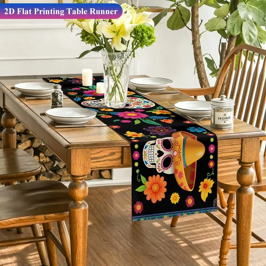 Day Of The Dead Sombrero Sugar Skull Floral Table Runner Mexican Halloween Indoor Kitchen Sideboard Holiday Table Decor Supply view 4