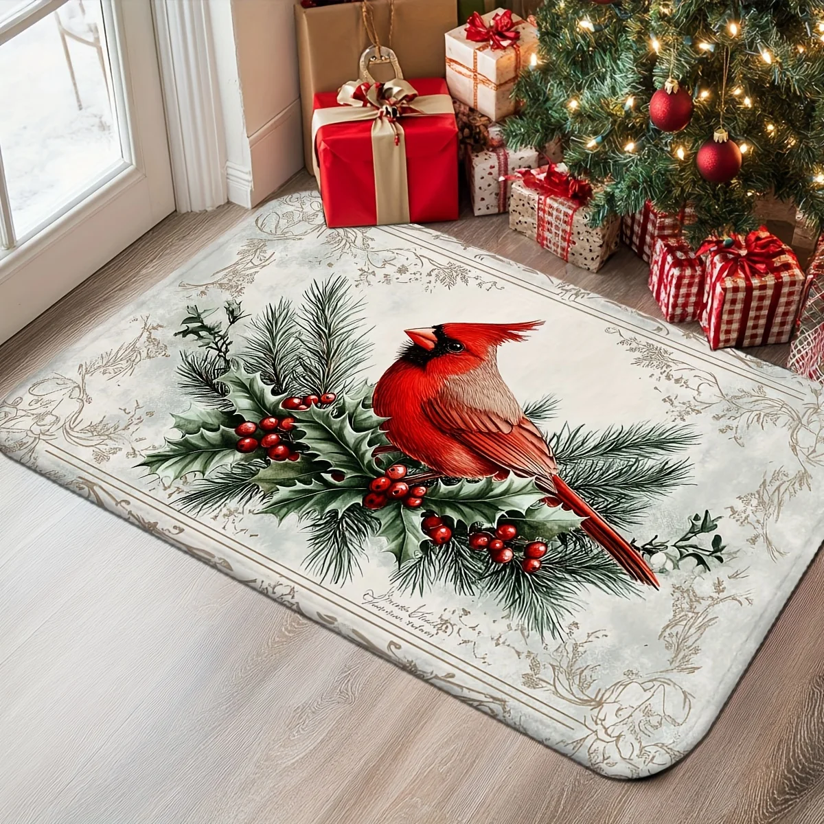 Christmas Cardinal Bird Doormat, Pine Branches Holly Berries Rug, Non-Slip Absorbent Polyester Door Carpet for Holidays