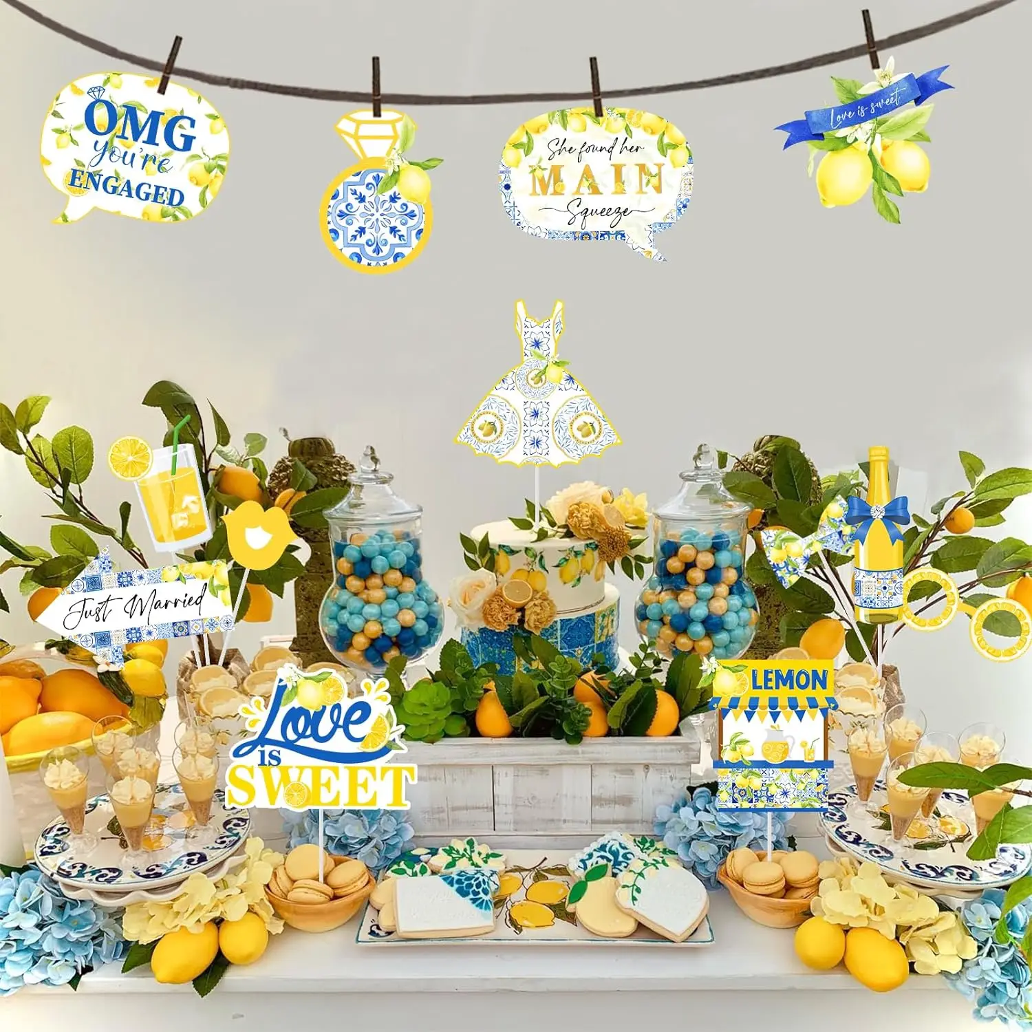 She Found Her Main Squeeze Photo Booth Props Tile and Lemon Bridal Shower Decor Capri Lemon Theme Party Supplies