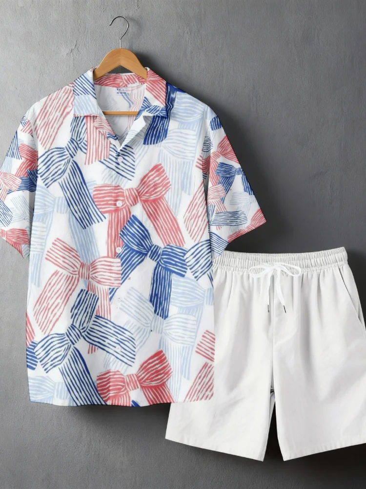 Men Hawaiian 2 Piece Outfit Set Fashion Bow Printed Summer Single Breast Shirts Solid Shorts Suit Casual Loose Tracksuits