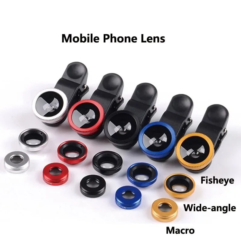 Lente de cámara 3 en 1 ojo de pez gran angular macro para iPhone Xiaomi Redmi, lente zoom 3 en 1 para smartphone con clip 6