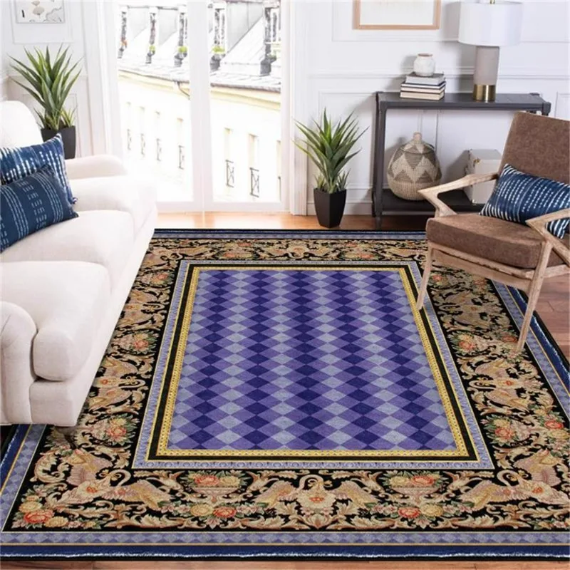 New Light Luxury Palace Style Purple Checkered European French Floral Frame Bedroom Anti Slip Carpet Floor Mat