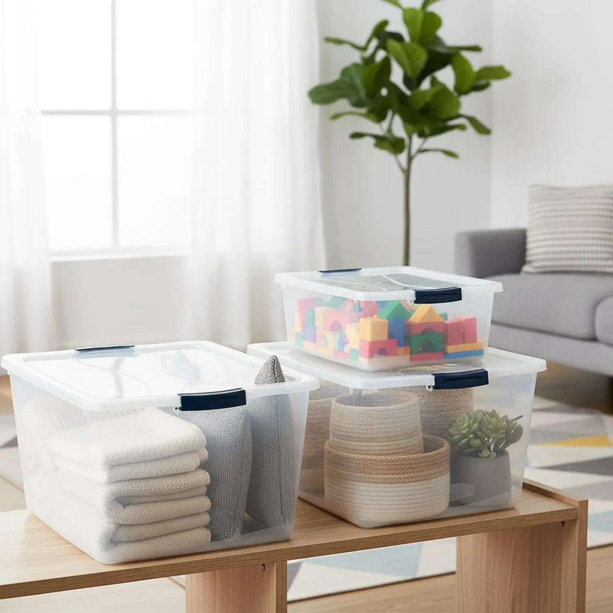Large Clear Storage Boxes with Lids 4 Pack Stackable Durable Plastic Organizer