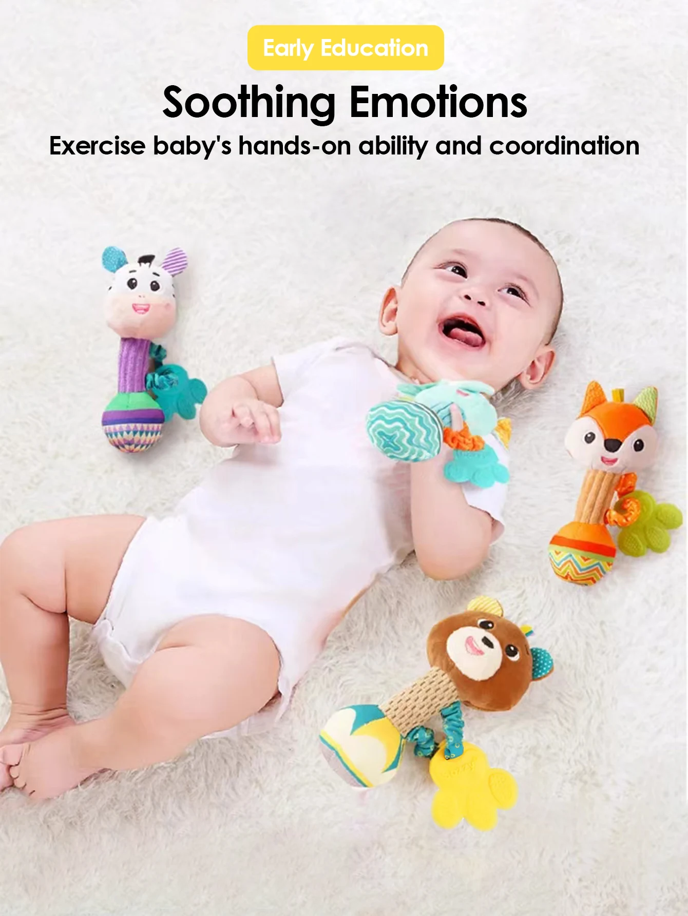 1pcs 0-6 months Dental Gum Hand Grip Plush Doll Can Bite Practice Grasping Parent Baby Interactive Puzzle Rattle Soothing Toy