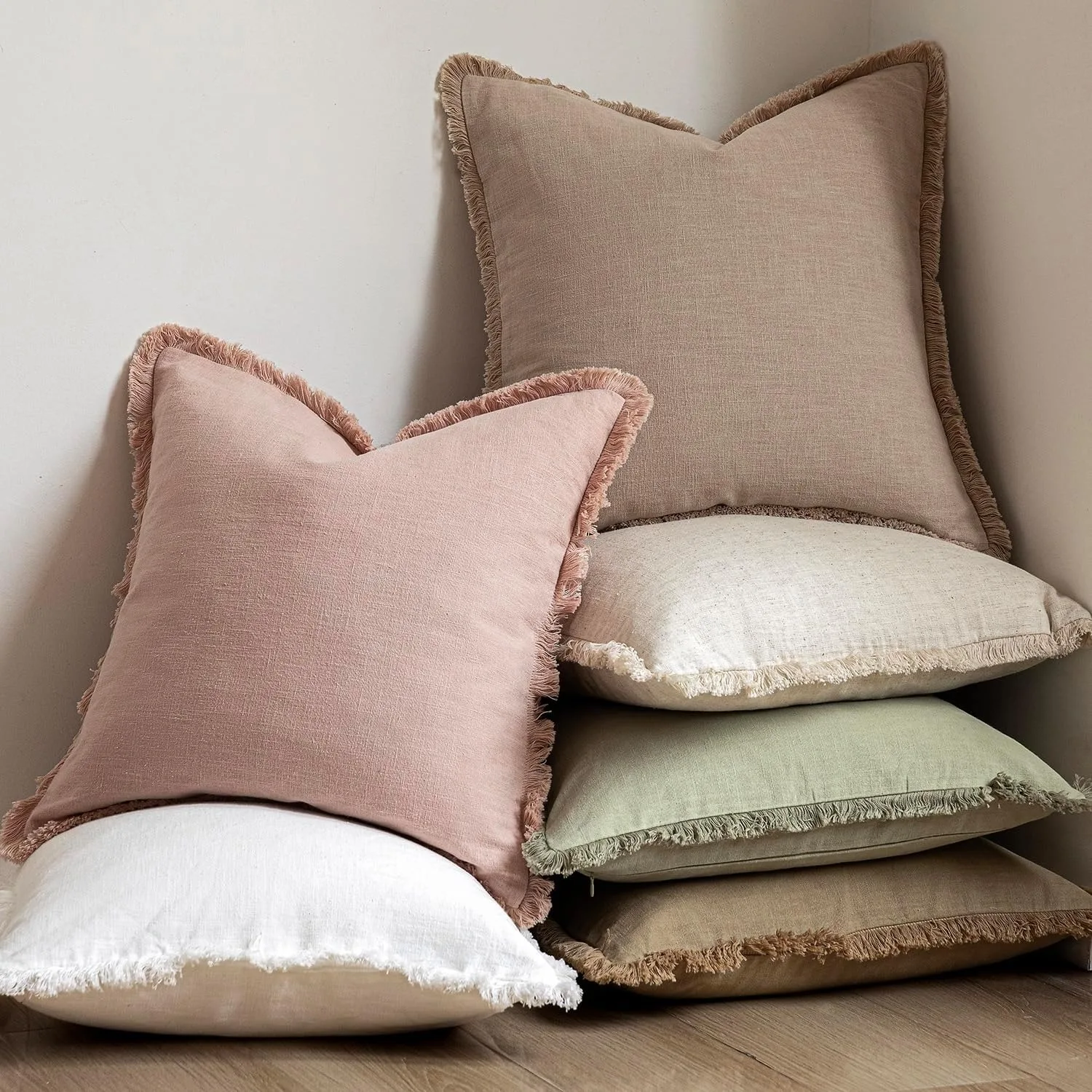 20x20 Light Pink Inch Linen Fringe Throw Pillow Covers Boho Farmhouse Cushion Cover with Tassels  Couch Living Room Pillowcase