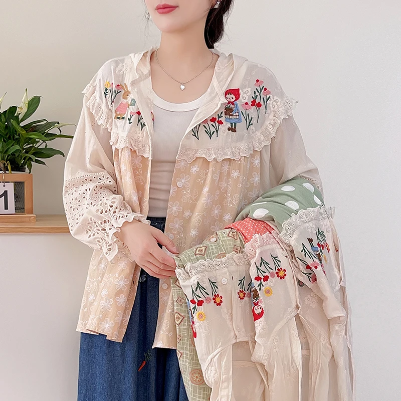 Japanese Mori Girl Vintage Polka Dot Cartoon Girl Flower Embroidery 100% Cotton Hooded Shirts Women Spring Long Sleeve Blouse