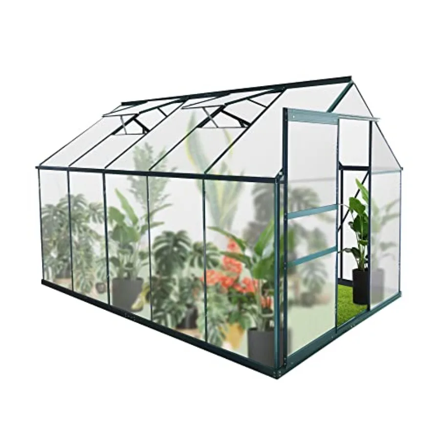6'X 10' Walk-in Greenhouse, Polycarbonate Greenhouse with Sliding Door, 2 Vent Window, Rain Gutter for Outdoor, Aluminum Heavy