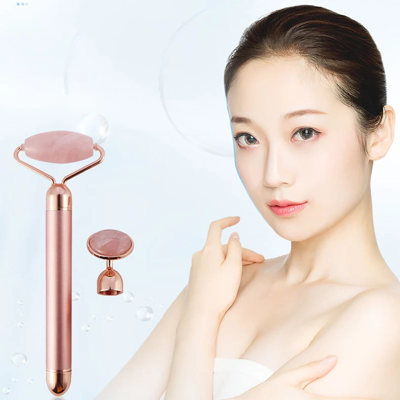 Rose Quartz Roller Electric Massager 2 in 1 V Face Lifting Tool Anti-Aging Facial Beauty Device for Slimming Firming Skin Tool
