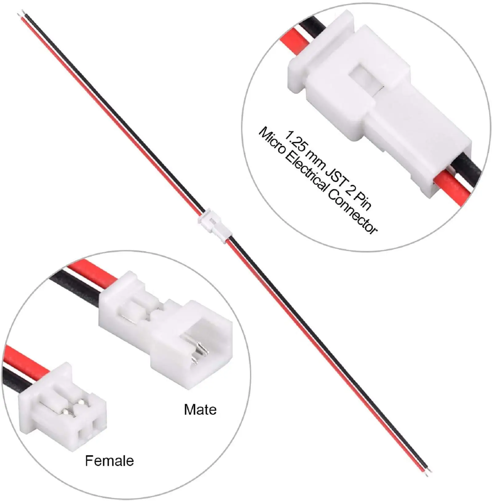 JST 1.25mm 2 Pin Micro Male Female Connector Plug with Red Black Wire Cable 80mm Terminal Wire Aerial Docking Extension Cable