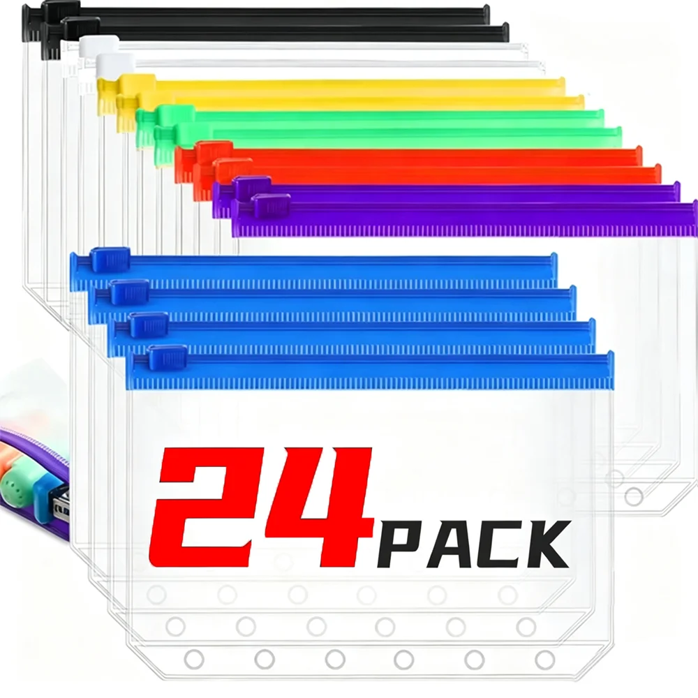 2-24Pcs Clear Waterproof A6 6-Hole Binder Pockets PVC Organizer Cash Budget Envelopes Zipper Binder Pouches for Notebook Planner